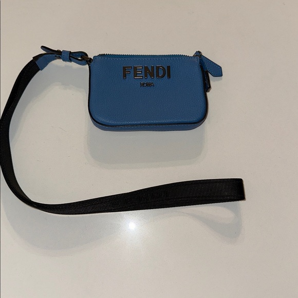 Fendi blue calf leather porta monete small card case pochette w logo lanyard - Picture 4 of 14
